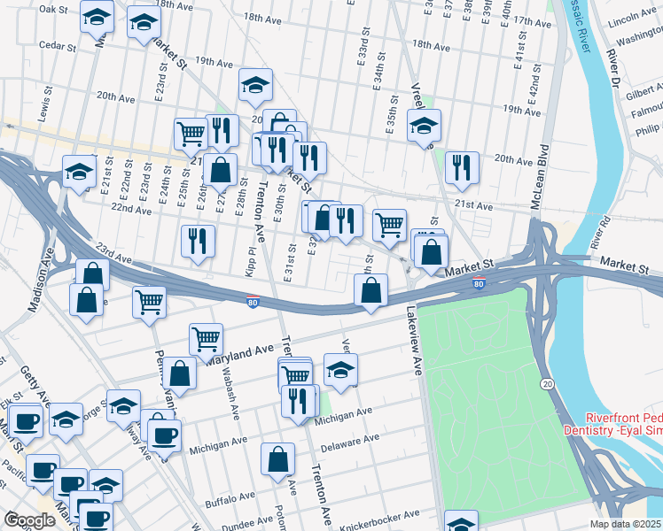 map of restaurants, bars, coffee shops, grocery stores, and more near 641 East 33rd Street in Paterson