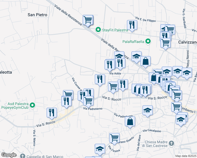 map of restaurants, bars, coffee shops, grocery stores, and more near 31 Via Giordano Bruno in Marano di Napoli