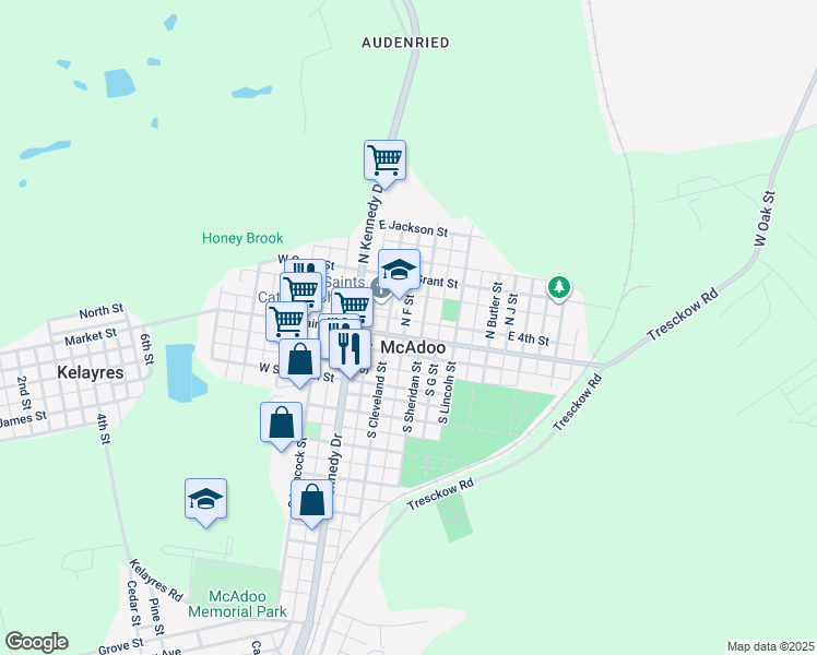 map of restaurants, bars, coffee shops, grocery stores, and more near 35 North Sheridan Street in McAdoo