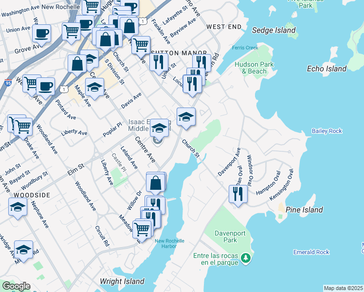 map of restaurants, bars, coffee shops, grocery stores, and more near 210 Pelham Road in New Rochelle