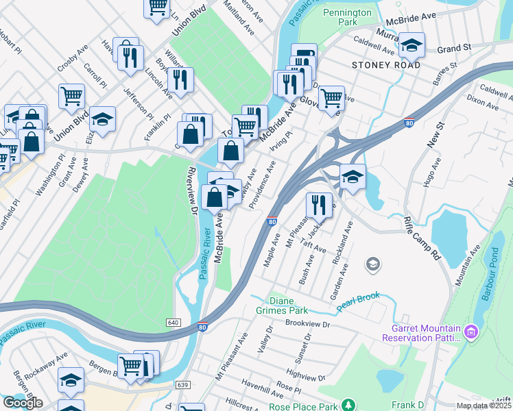 map of restaurants, bars, coffee shops, grocery stores, and more near 67 Providence Avenue in Woodland Park