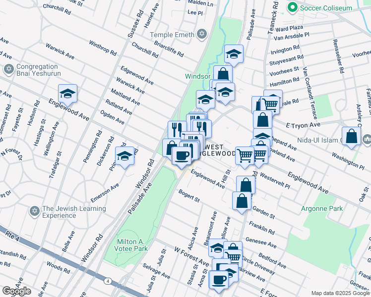 map of restaurants, bars, coffee shops, grocery stores, and more near 194 The Plaza in Teaneck