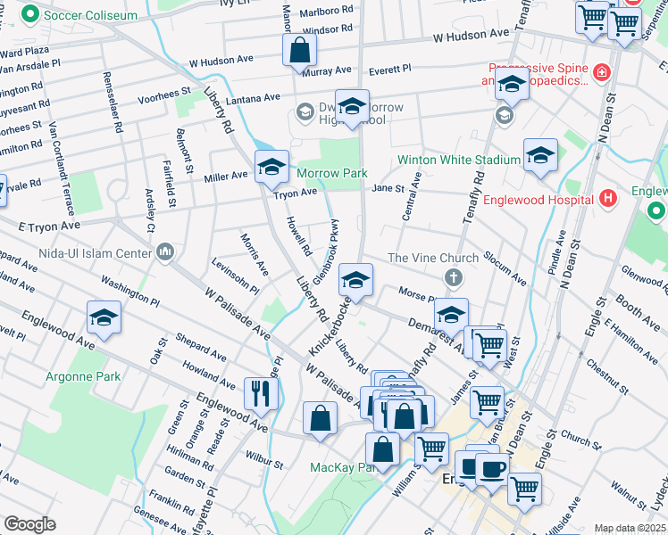 map of restaurants, bars, coffee shops, grocery stores, and more near 99 Glenbrook Parkway in Englewood
