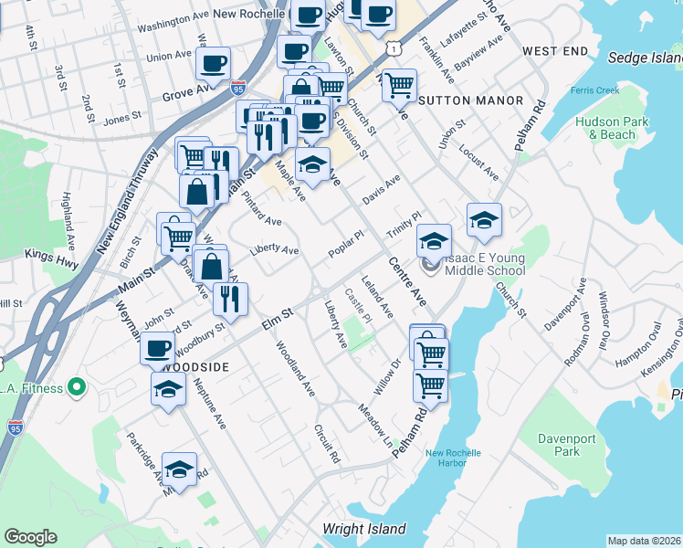 map of restaurants, bars, coffee shops, grocery stores, and more near 49 Elm Street in New Rochelle