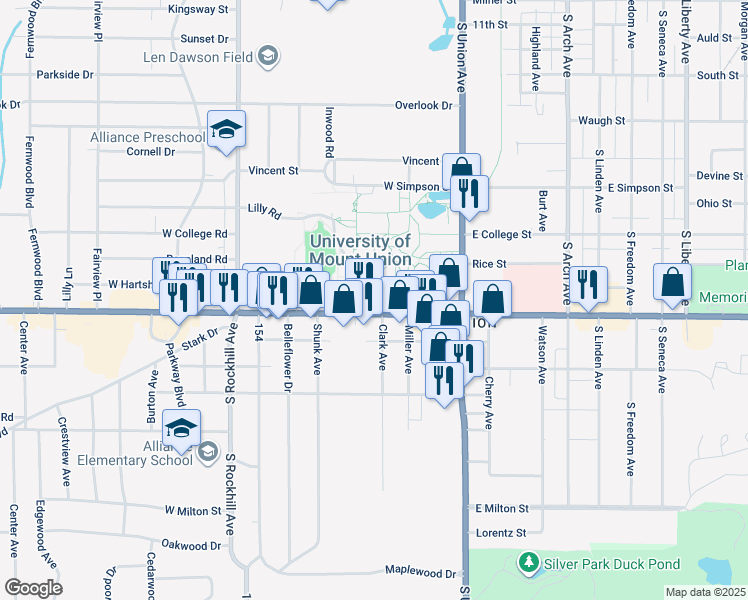 map of restaurants, bars, coffee shops, grocery stores, and more near 1972 Clark Avenue in Alliance