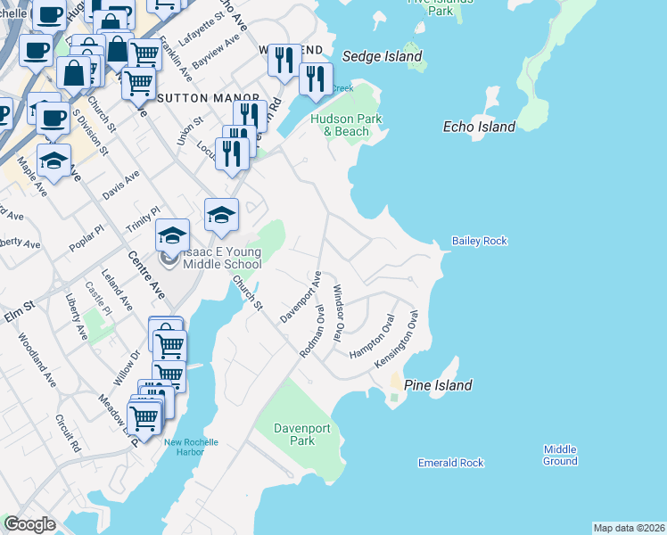 map of restaurants, bars, coffee shops, grocery stores, and more near 101 Windsor Oval in New Rochelle
