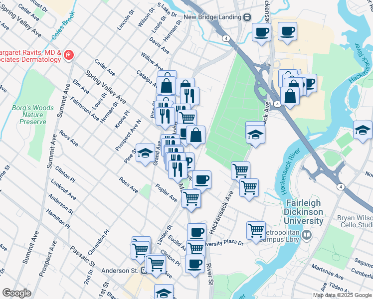 map of restaurants, bars, coffee shops, grocery stores, and more near 9 Lawton St in Hackensack