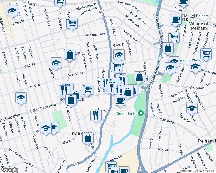 map of restaurants, bars, coffee shops, grocery stores, and more near 469 South Columbus Avenue in Mount Vernon