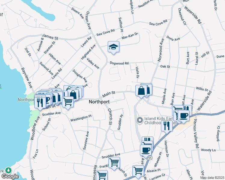 map of restaurants, bars, coffee shops, grocery stores, and more near 373 Main Street in Northport