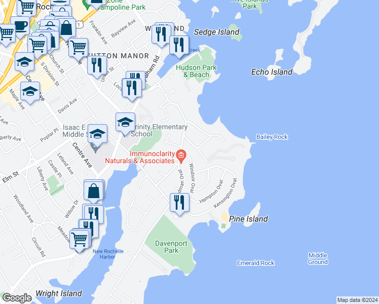map of restaurants, bars, coffee shops, grocery stores, and more near 101 Windsor Oval in New Rochelle