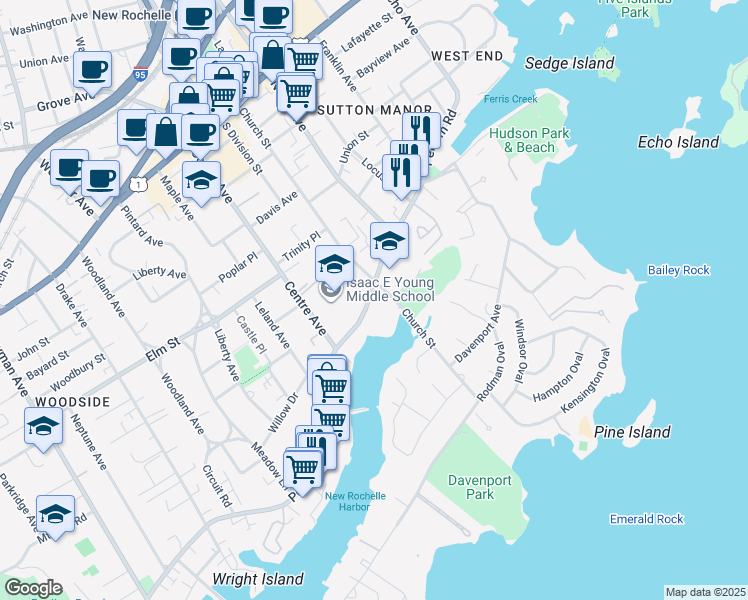 map of restaurants, bars, coffee shops, grocery stores, and more near 210 Pelham Road in New Rochelle