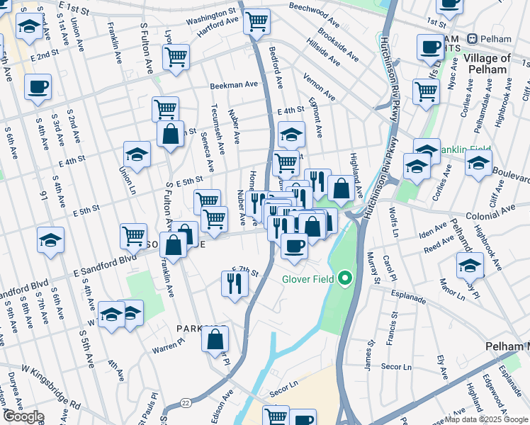 map of restaurants, bars, coffee shops, grocery stores, and more near 469 South Columbus Avenue in Mount Vernon