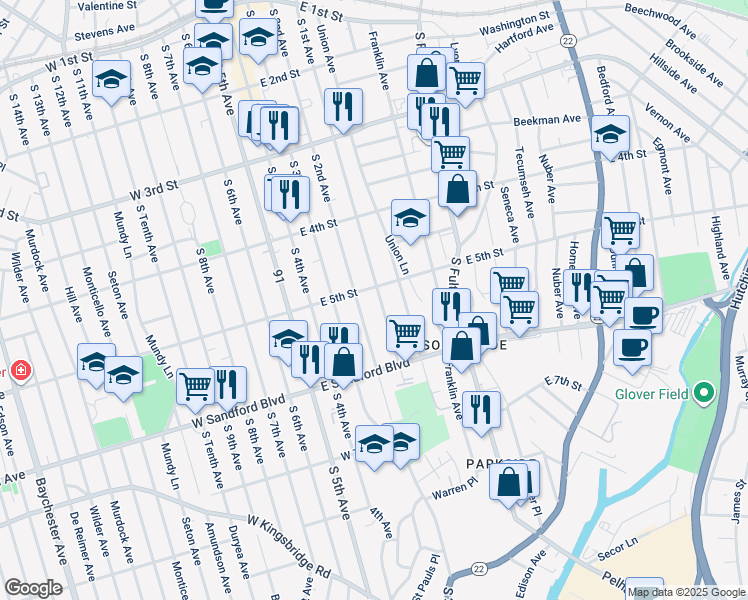 map of restaurants, bars, coffee shops, grocery stores, and more near 419 South 1st Avenue in Mount Vernon