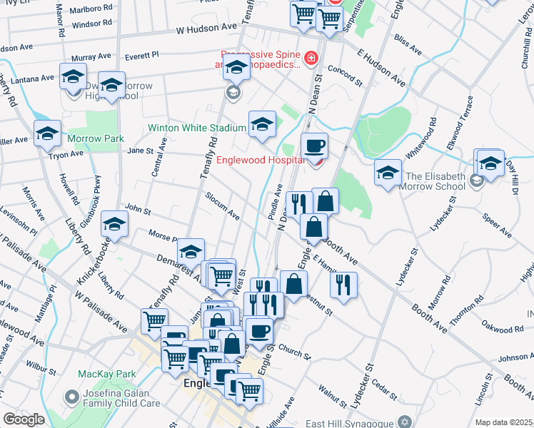 map of restaurants, bars, coffee shops, grocery stores, and more near 1 West Hamilton Avenue in Englewood
