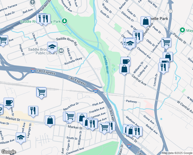 map of restaurants, bars, coffee shops, grocery stores, and more near 17 Sterling Place in Saddle Brook