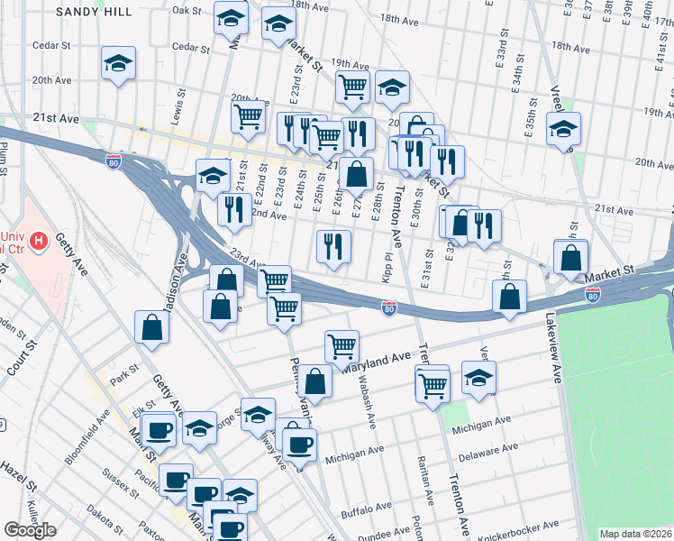 map of restaurants, bars, coffee shops, grocery stores, and more near 159 23rd Avenue in Paterson