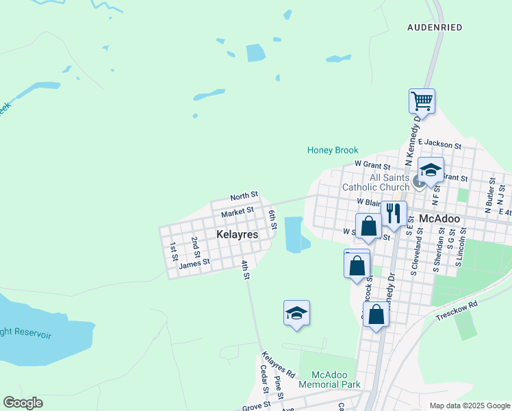 map of restaurants, bars, coffee shops, grocery stores, and more near 3 Market Street in McAdoo