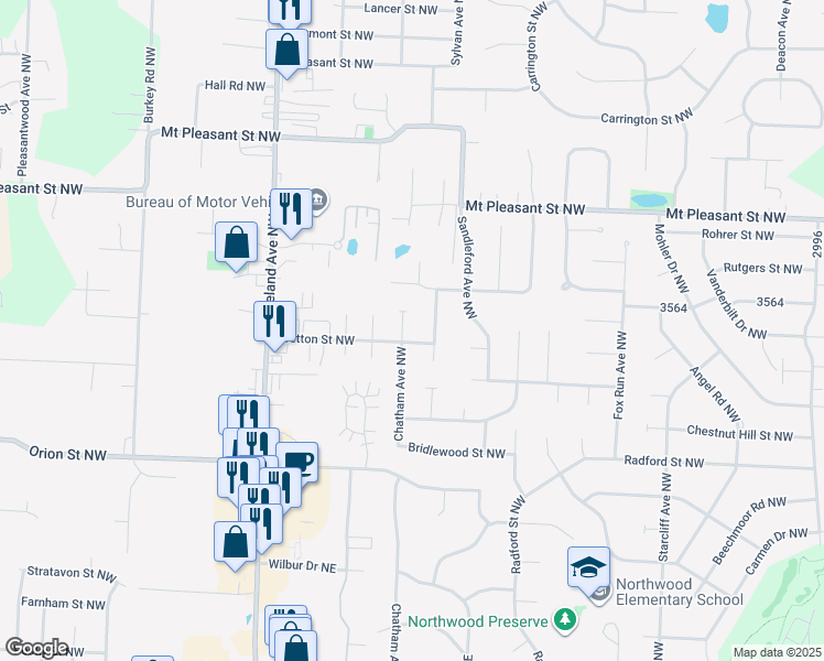map of restaurants, bars, coffee shops, grocery stores, and more near 7948 Chatham Avenue Northwest in North Canton