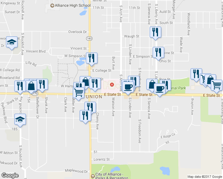 map of restaurants, bars, coffee shops, grocery stores, and more near 200 East State Street in Alliance