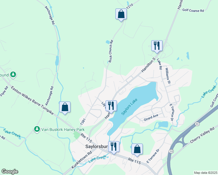 map of restaurants, bars, coffee shops, grocery stores, and more near 196 Brick Church Road in Saylorsburg