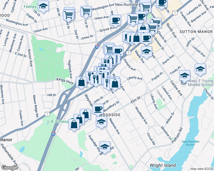 map of restaurants, bars, coffee shops, grocery stores, and more near 21 Drake Avenue in New Rochelle