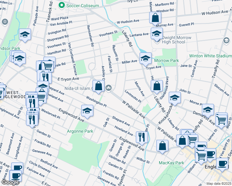 map of restaurants, bars, coffee shops, grocery stores, and more near 377 West Palisade Avenue in Englewood