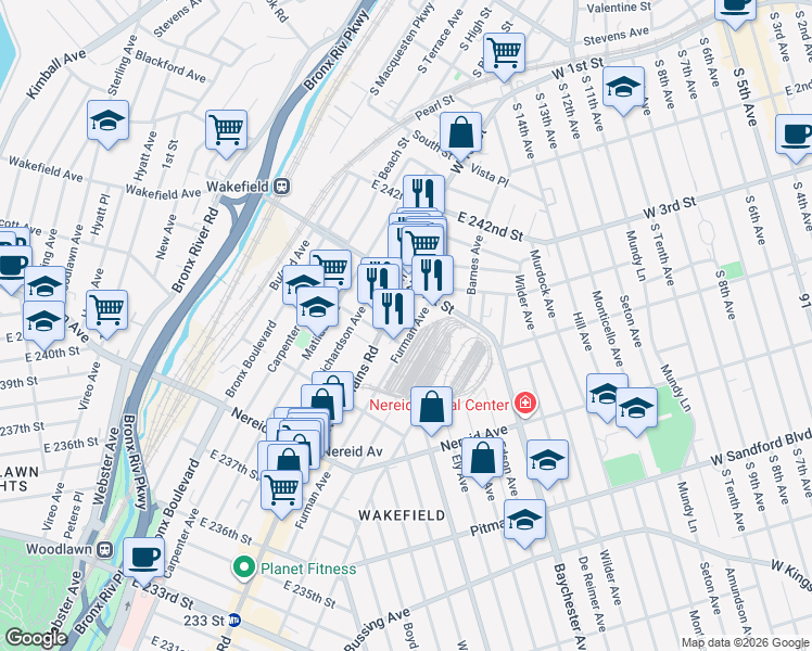 map of restaurants, bars, coffee shops, grocery stores, and more near 711 East 240th Street in The Bronx
