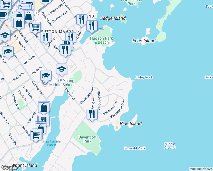 map of restaurants, bars, coffee shops, grocery stores, and more near 39 Potters Lane in New Rochelle