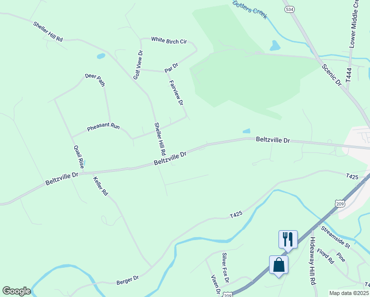 map of restaurants, bars, coffee shops, grocery stores, and more near 307 Beltzville Drive in Kunkletown