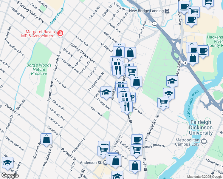 map of restaurants, bars, coffee shops, grocery stores, and more near 157 Grand Avenue in Hackensack
