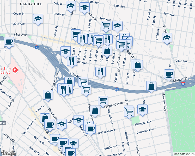 map of restaurants, bars, coffee shops, grocery stores, and more near 131 23rd Avenue in Paterson