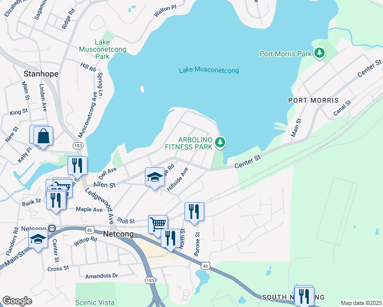 map of restaurants, bars, coffee shops, grocery stores, and more near 24 Hillside Avenue in Netcong