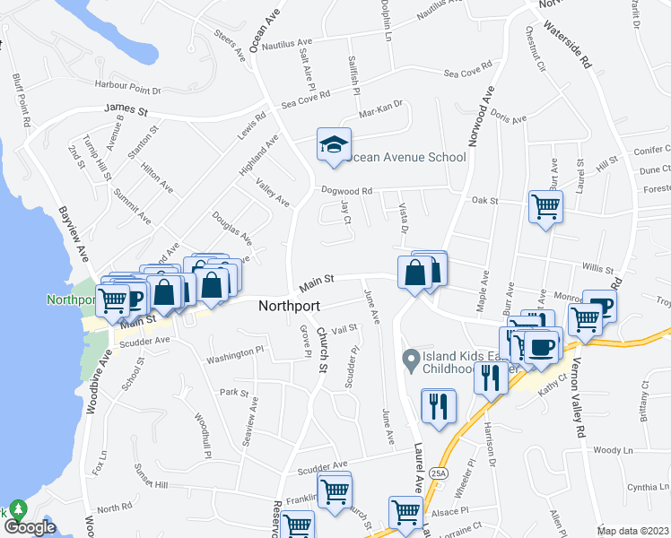 map of restaurants, bars, coffee shops, grocery stores, and more near 379 Main Street in Northport