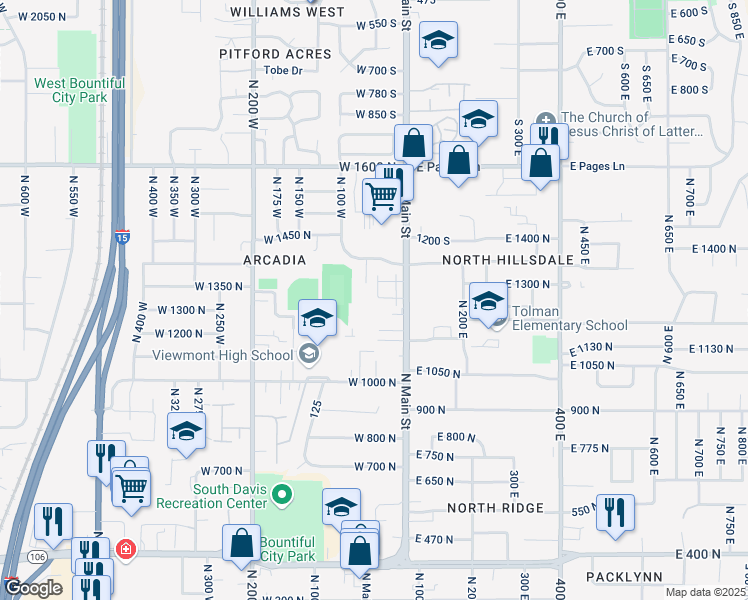 map of restaurants, bars, coffee shops, grocery stores, and more near 1295 North Main Street in Bountiful
