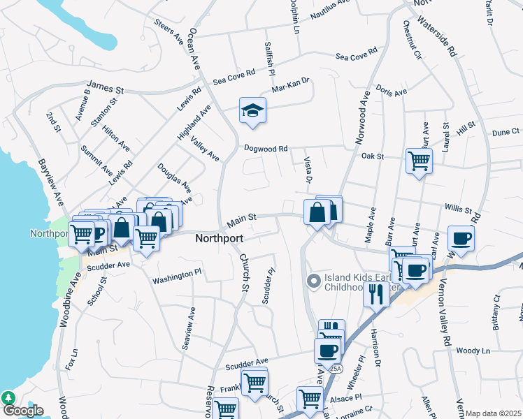 map of restaurants, bars, coffee shops, grocery stores, and more near 379 Main Street in Northport