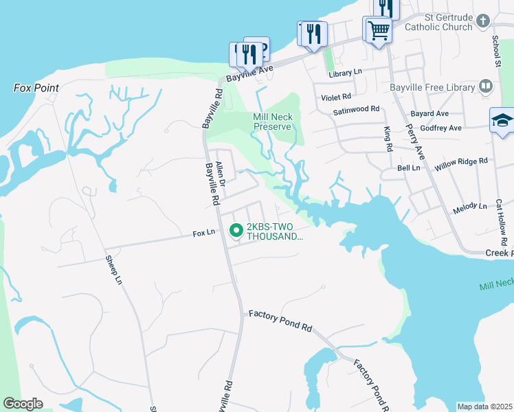 map of restaurants, bars, coffee shops, grocery stores, and more near 32 George Street in Locust Valley
