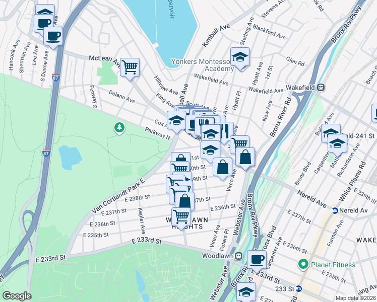 map of restaurants, bars, coffee shops, grocery stores, and more near 4391 Martha Avenue in Bronx