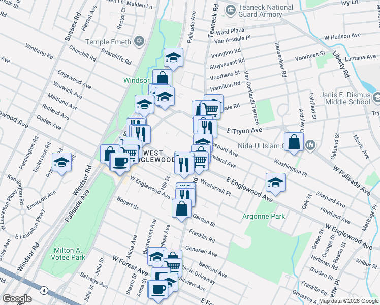 map of restaurants, bars, coffee shops, grocery stores, and more near 1500 Teaneck Road in Teaneck