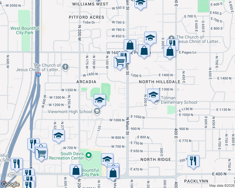 map of restaurants, bars, coffee shops, grocery stores, and more near 1295 North Main Street in Bountiful