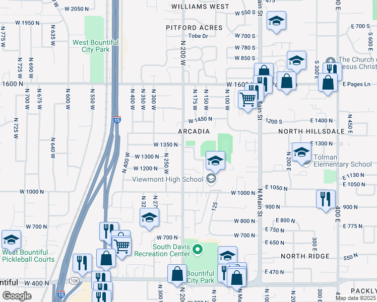 map of restaurants, bars, coffee shops, grocery stores, and more near 1266 North 200 West in Bountiful