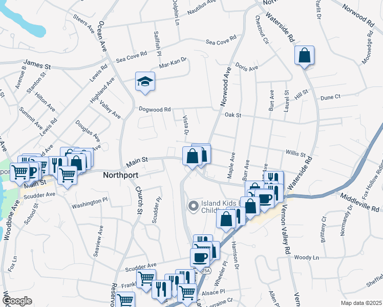 map of restaurants, bars, coffee shops, grocery stores, and more near 31 Norwood Avenue in Northport