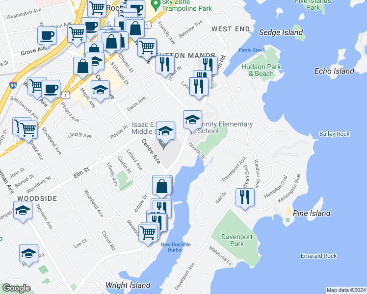 map of restaurants, bars, coffee shops, grocery stores, and more near 210 Pelham Road in New Rochelle