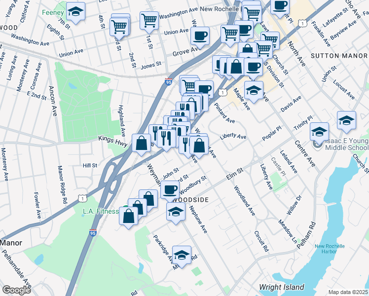 map of restaurants, bars, coffee shops, grocery stores, and more near 21 Drake Avenue in New Rochelle