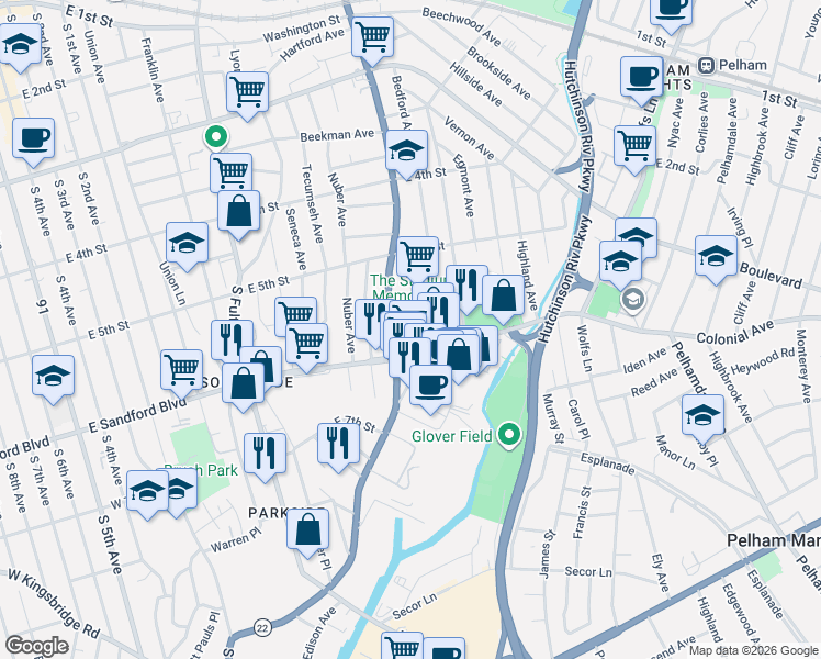 map of restaurants, bars, coffee shops, grocery stores, and more near 469 South Columbus Avenue in Mount Vernon