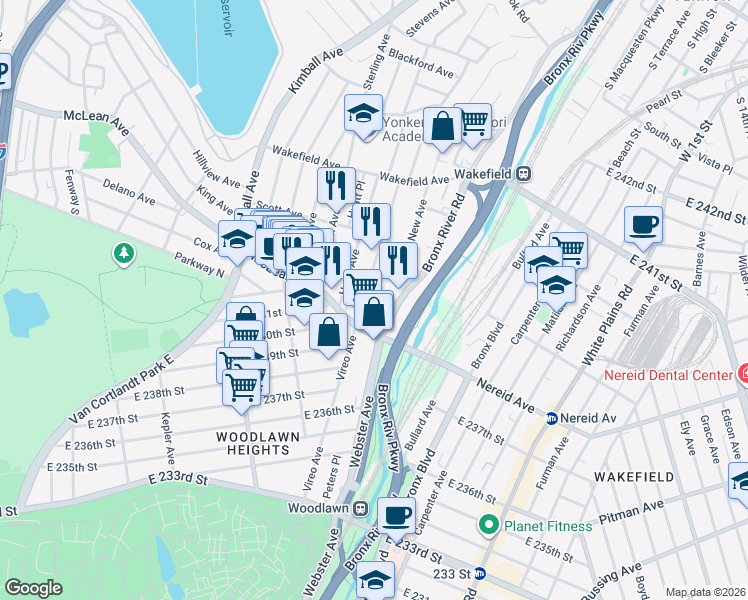map of restaurants, bars, coffee shops, grocery stores, and more near 11 Bronx River Road in Yonkers