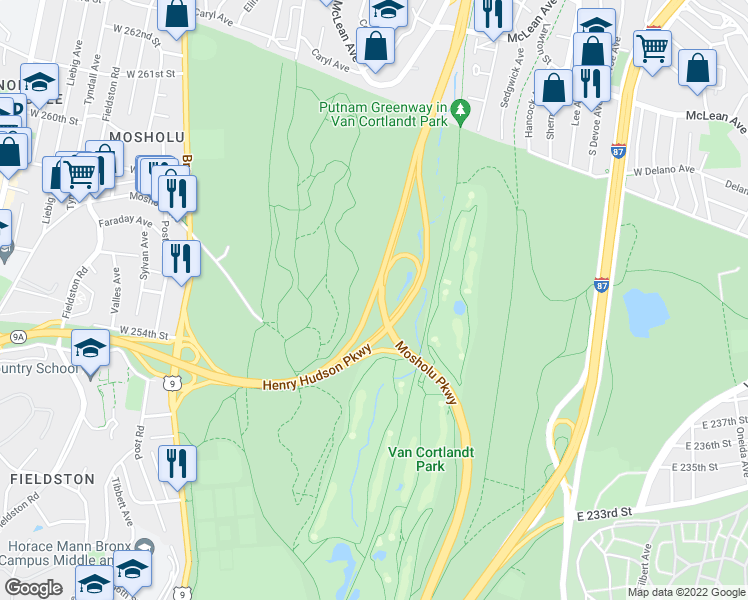 map of restaurants, bars, coffee shops, grocery stores, and more near Henry Hudson Parkway in Bronx