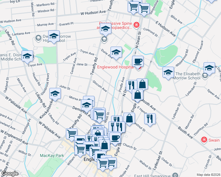 map of restaurants, bars, coffee shops, grocery stores, and more near 41 Slocum Avenue in Englewood