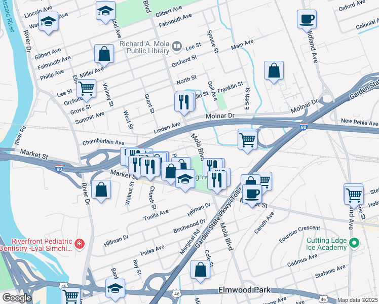 map of restaurants, bars, coffee shops, grocery stores, and more near 10 Veterans Place in Elmwood Park