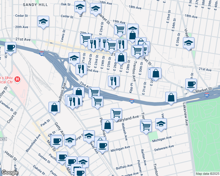 map of restaurants, bars, coffee shops, grocery stores, and more near 131 23rd Avenue in Paterson