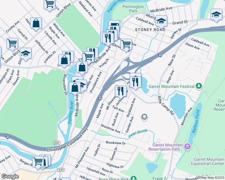 map of restaurants, bars, coffee shops, grocery stores, and more near 139 Maple Avenue in Woodland Park